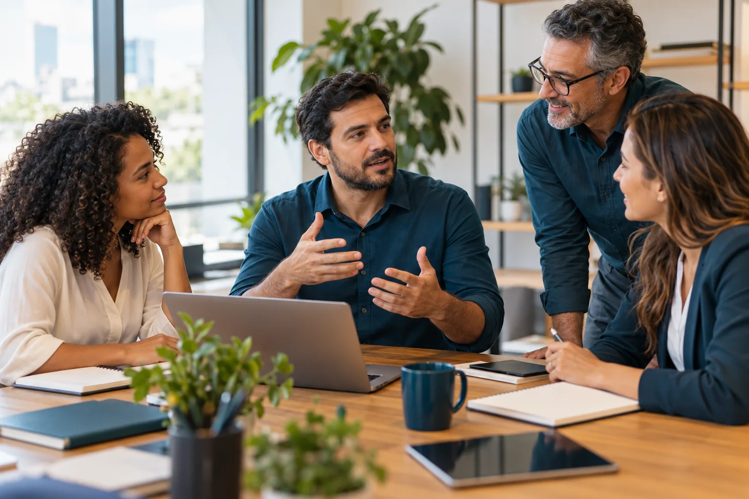 Equipe de trabalho reunida em volta de uma mesa no escritório