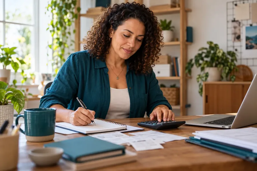 Profissional trabalhando com notebook e anotações.